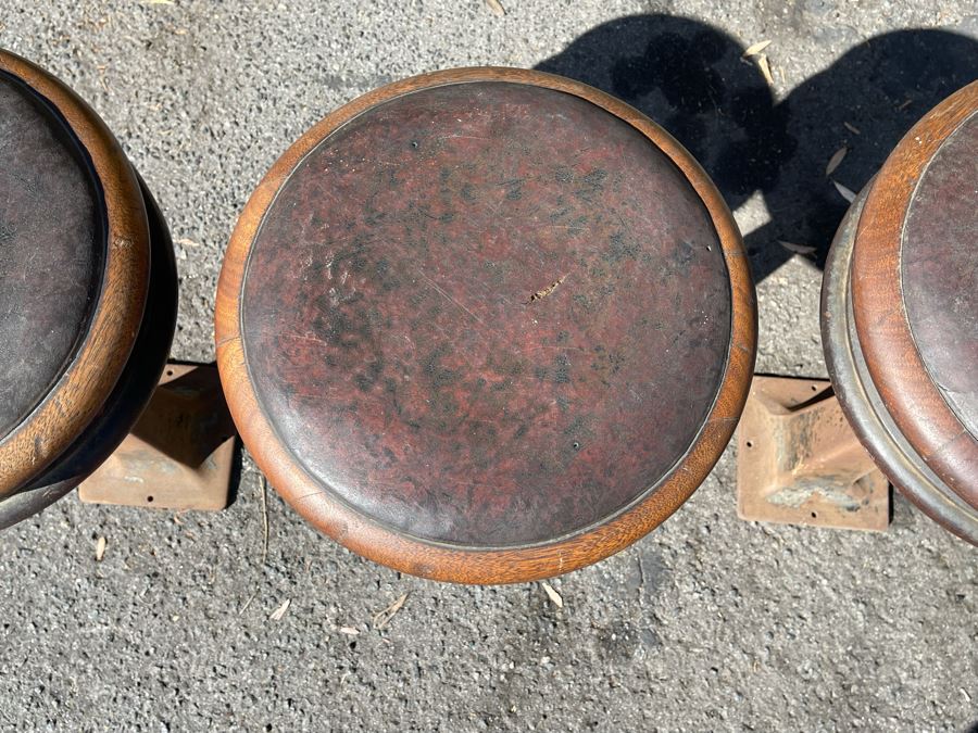 Set Of Three Short Steel Base Swivel Bar Stools With Oak And Leather Tops [Photo 5]