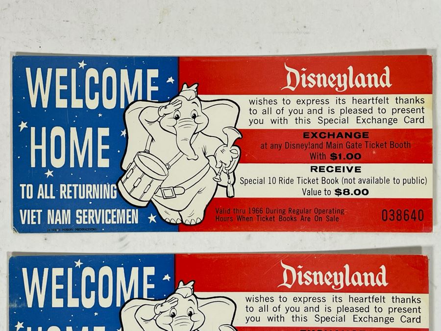 JUST ADDED - Pair Of Disneyland Welcome Home To All Returning Vietnam Servicemen Special Exchange Card Ticket 1966 [Photo 2]