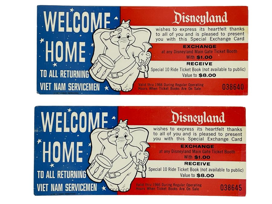 JUST ADDED - Pair Of Disneyland Welcome Home To All Returning Vietnam Servicemen Special Exchange Card Ticket 1966 [Photo 1]