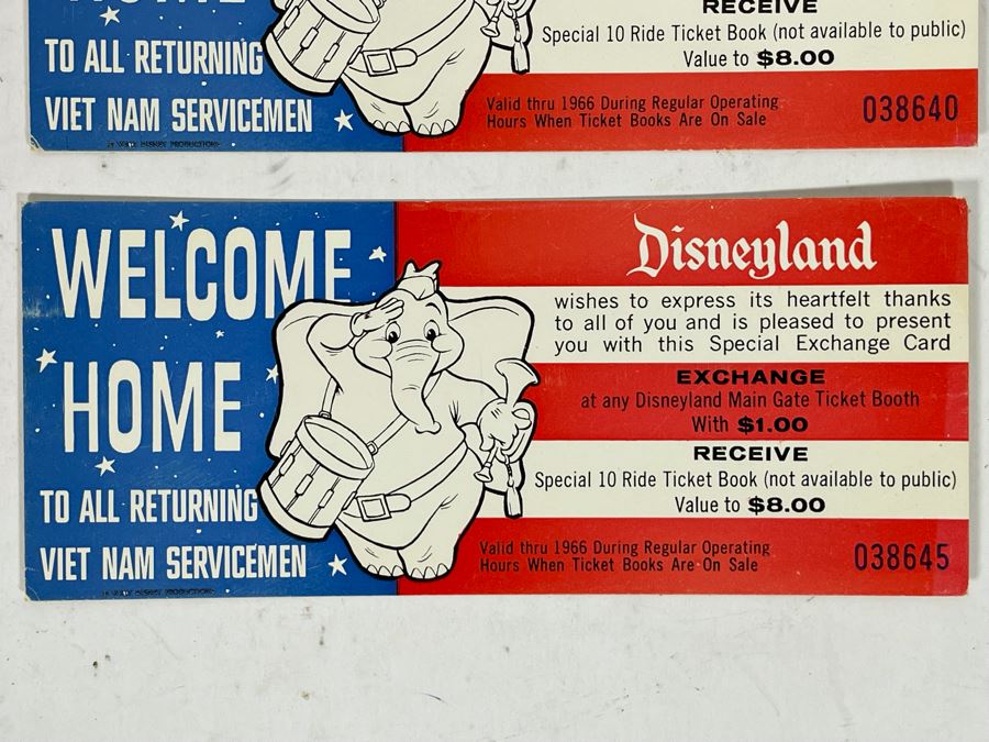 JUST ADDED - Pair Of Disneyland Welcome Home To All Returning Vietnam Servicemen Special Exchange Card Ticket 1966 [Photo 3]