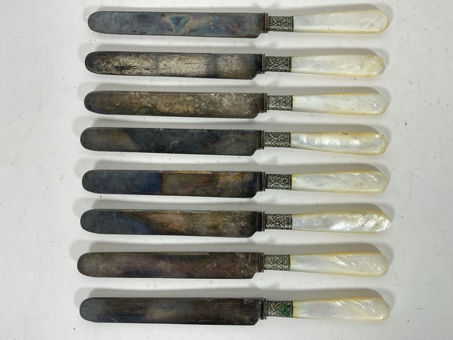 JUST ADDED - Antique 1834 J. Russell & Co Mother Of Pearl Handle Knives 9L [Photo 2]