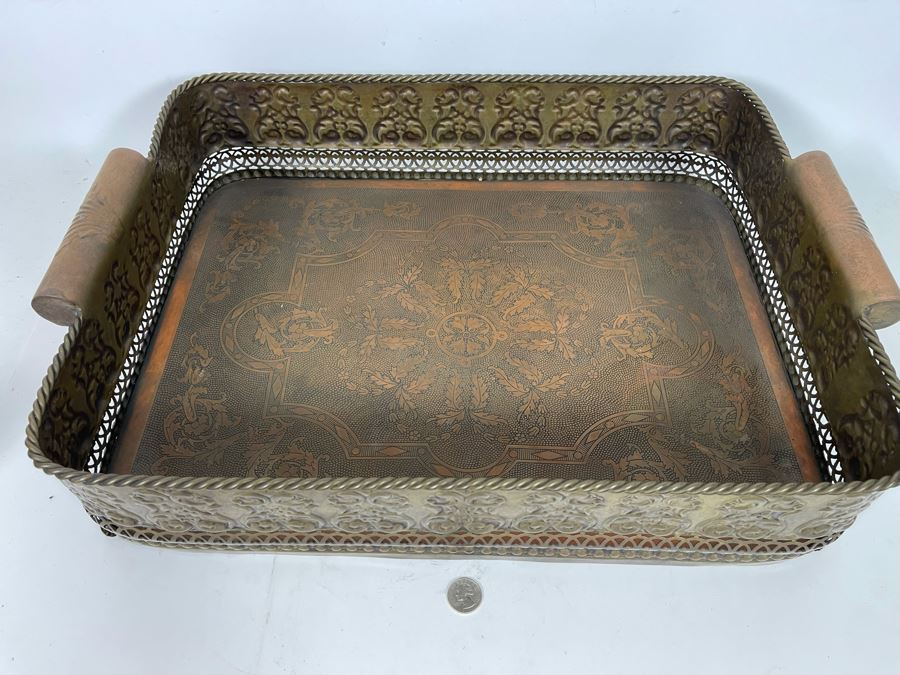 JUST ADDED Large Embossed Brass Handled Serving Tray By Castilian