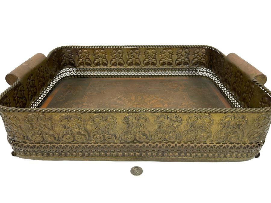 JUST ADDED - Large Embossed Brass Handled Serving Tray By Castilian Made In India 23W X 16D X 5H [Photo 1]