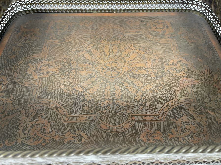 JUST ADDED - Large Embossed Brass Handled Serving Tray By Castilian Made In India 23W X 16D X 5H [Photo 5]