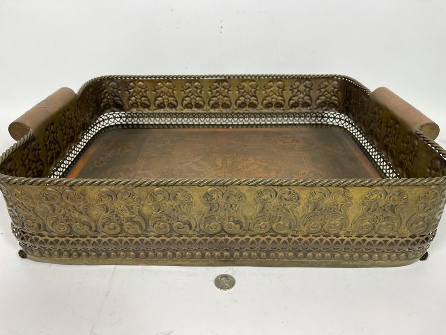 JUST ADDED - Large Embossed Brass Handled Serving Tray By Castilian Made In India 23W X 16D X 5H [Photo 6]