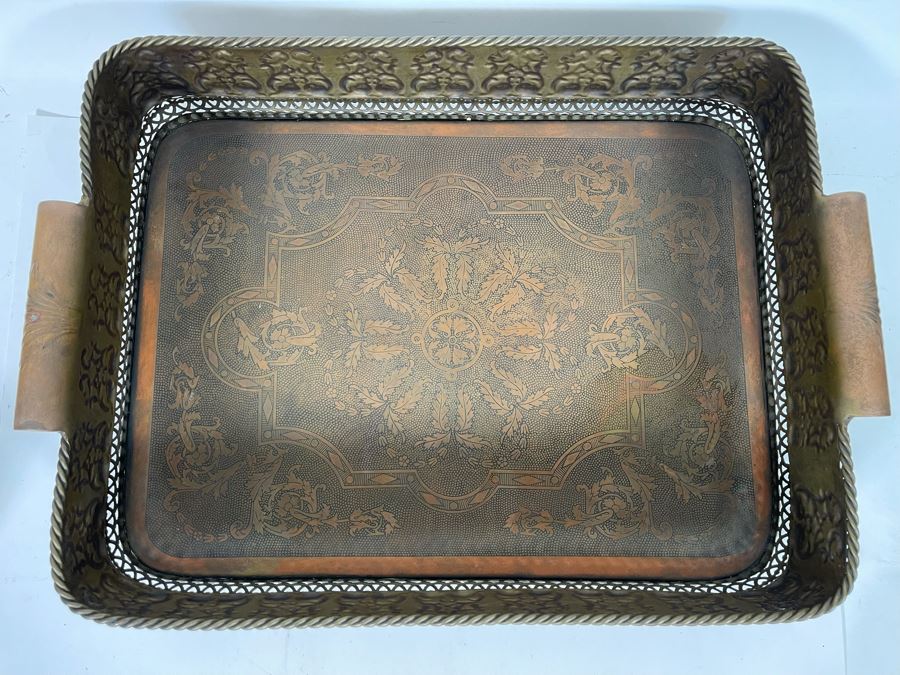 JUST ADDED Large Embossed Brass Handled Serving Tray By Castilian