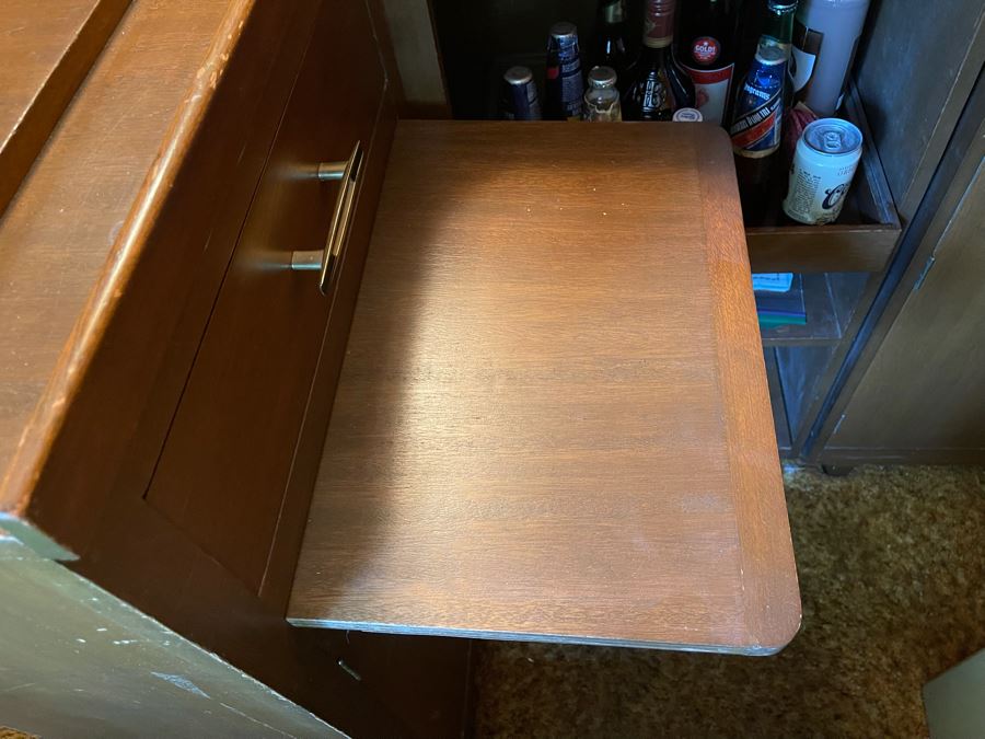 Mid-Century Modern Solid Wood And Bamboo 2 Piece L-Shape TIKI Bar With Padded Edge And Brass Rail Plus Six Bamboo Bar Stools Plus Drawer Of Vintage Bar Supplies 71W X 44D X 42H [Photo 23]