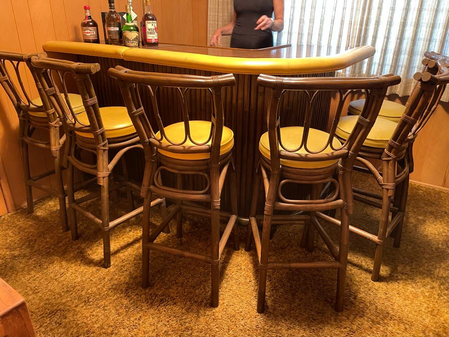 Mid-Century Modern Solid Wood And Bamboo 2 Piece L-Shape TIKI Bar With Padded Edge And Brass Rail Plus Six Bamboo Bar Stools Plus Drawer Of Vintage Bar Supplies 71W X 44D X 42H [Photo 8]