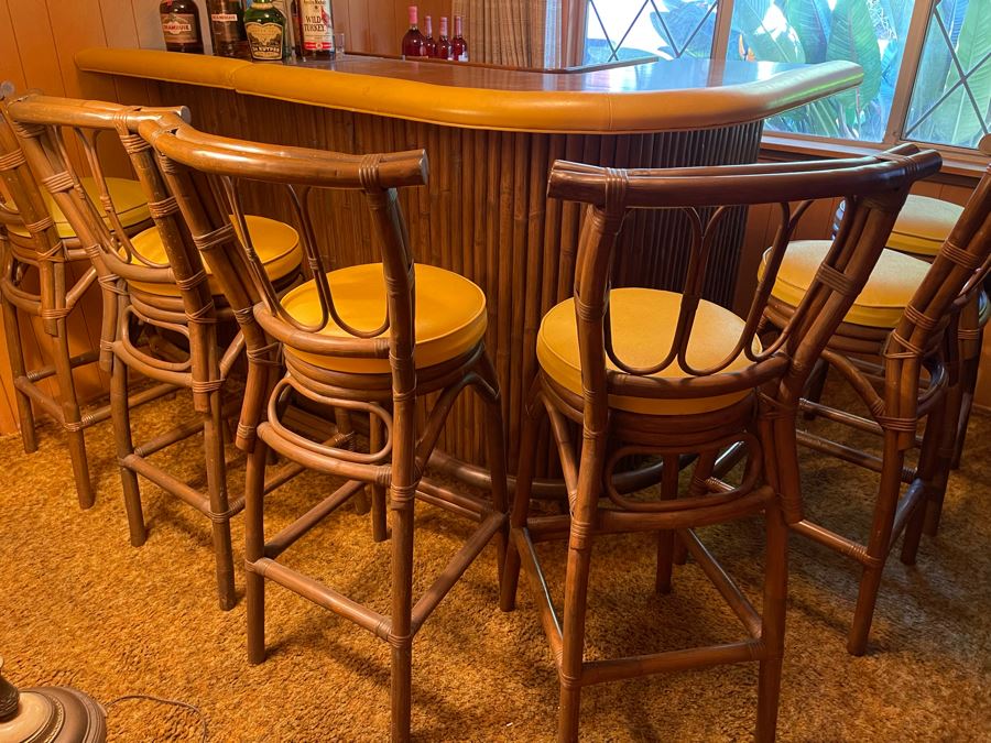 Mid-Century Modern Solid Wood And Bamboo 2 Piece L-Shape TIKI Bar With Padded Edge And Brass Rail Plus Six Bamboo Bar Stools Plus Drawer Of Vintage Bar Supplies 71W X 44D X 42H [Photo 32]