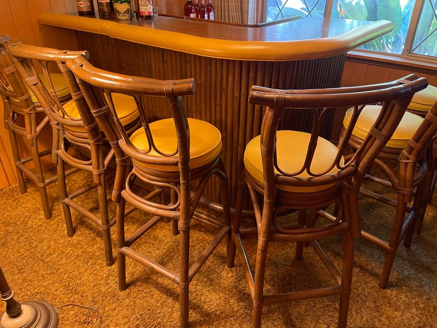 Mid-Century Modern Solid Wood And Bamboo 2 Piece L-Shape TIKI Bar With Padded Edge And Brass Rail Plus Six Bamboo Bar Stools Plus Drawer Of Vintage Bar Supplies 71W X 44D X 42H [Photo 33]