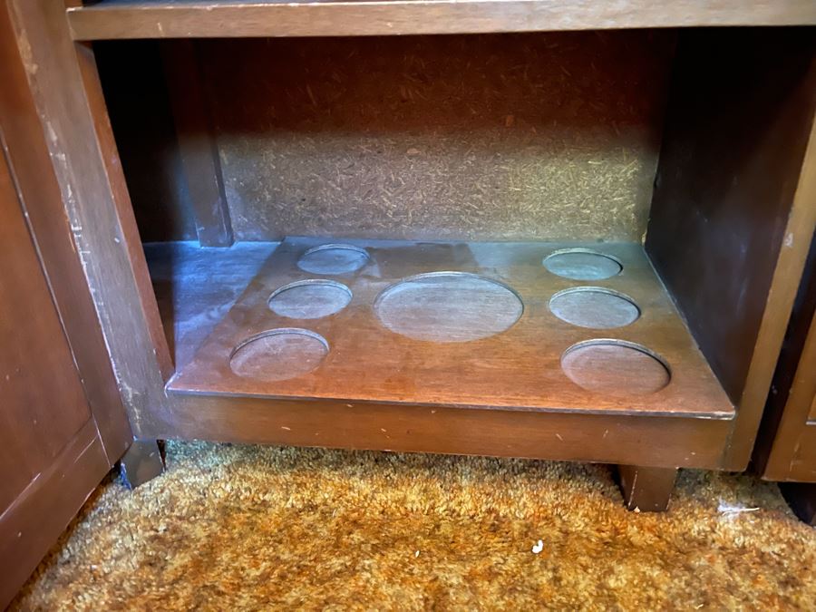 Mid-Century Modern Solid Wood And Bamboo 2 Piece L-Shape TIKI Bar With Padded Edge And Brass Rail Plus Six Bamboo Bar Stools Plus Drawer Of Vintage Bar Supplies 71W X 44D X 42H [Photo 25]