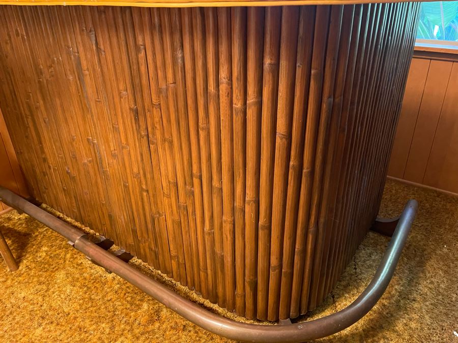 Mid-Century Modern Solid Wood And Bamboo 2 Piece L-Shape TIKI Bar With Padded Edge And Brass Rail Plus Six Bamboo Bar Stools Plus Drawer Of Vintage Bar Supplies 71W X 44D X 42H [Photo 31]