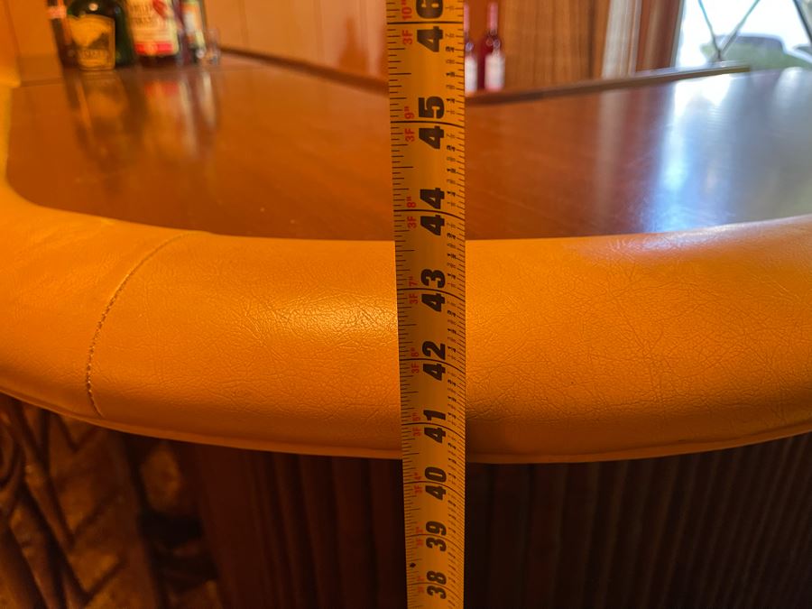 Mid-Century Modern Solid Wood And Bamboo 2 Piece L-Shape TIKI Bar With Padded Edge And Brass Rail Plus Six Bamboo Bar Stools Plus Drawer Of Vintage Bar Supplies 71W X 44D X 42H [Photo 38]