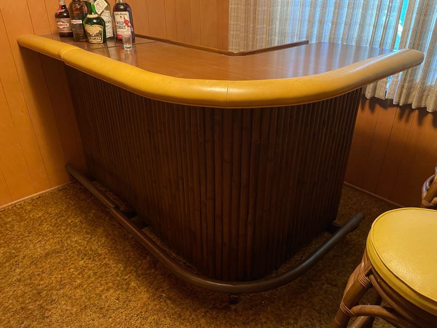 Mid-Century Modern Solid Wood And Bamboo 2 Piece L-Shape TIKI Bar With Padded Edge And Brass Rail Plus Six Bamboo Bar Stools Plus Drawer Of Vintage Bar Supplies 71W X 44D X 42H [Photo 16]