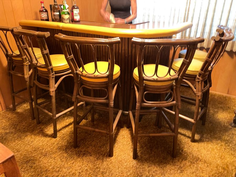Mid-Century Modern Solid Wood And Bamboo 2 Piece L-Shape TIKI Bar With Padded Edge And Brass Rail Plus Six Bamboo Bar Stools Plus Drawer Of Vintage Bar Supplies 71W X 44D X 42H [Photo 9]