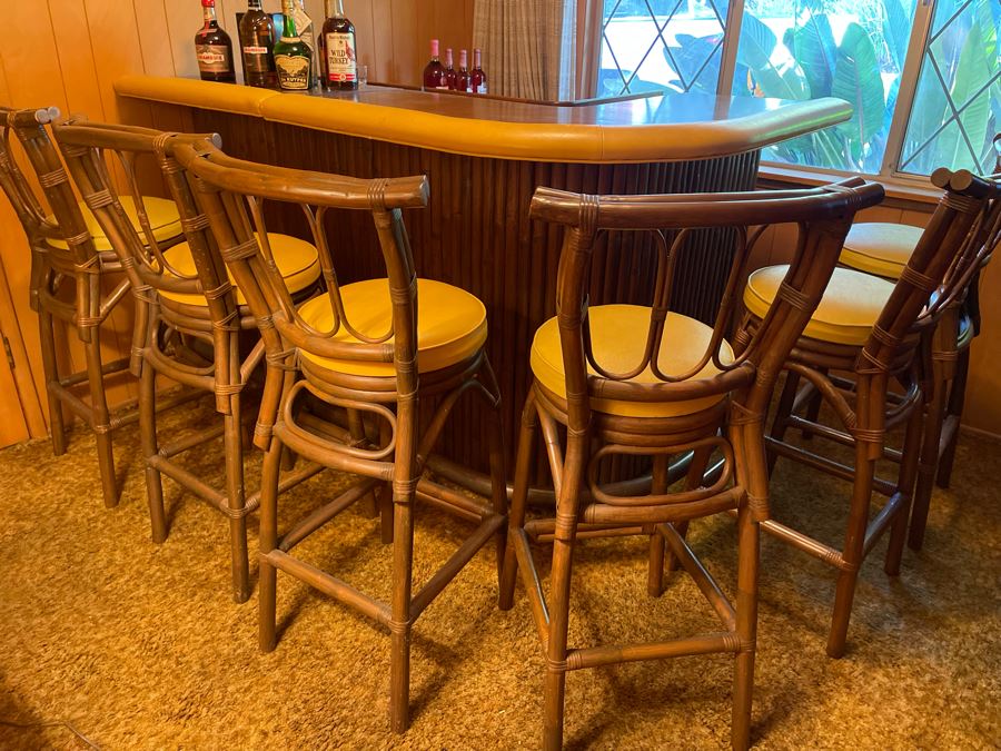 Mid-Century Modern Solid Wood And Bamboo 2 Piece L-Shape TIKI Bar With Padded Edge And Brass Rail Plus Six Bamboo Bar Stools Plus Drawer Of Vintage Bar Supplies 71W X 44D X 42H [Photo 35]