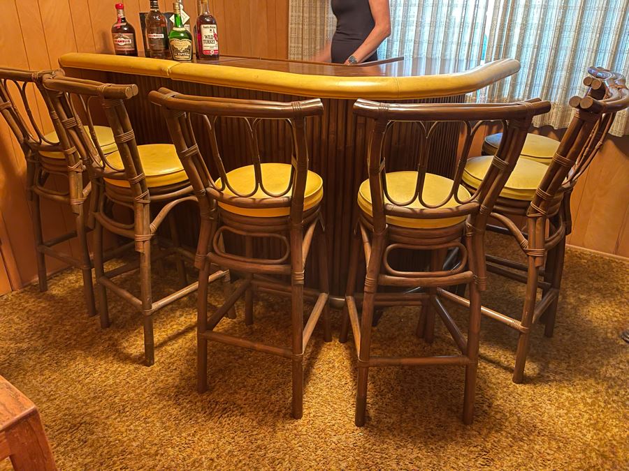 Mid-Century Modern Solid Wood And Bamboo 2 Piece L-Shape TIKI Bar With Padded Edge And Brass Rail Plus Six Bamboo Bar Stools Plus Drawer Of Vintage Bar Supplies 71W X 44D X 42H [Photo 10]