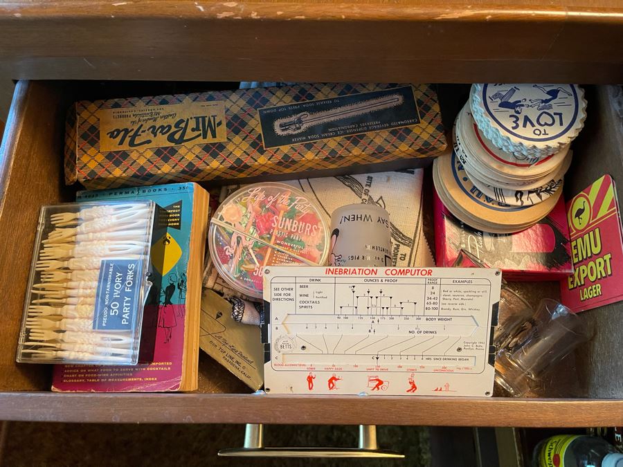 Mid-Century Modern Solid Wood And Bamboo 2 Piece L-Shape TIKI Bar With Padded Edge And Brass Rail Plus Six Bamboo Bar Stools Plus Drawer Of Vintage Bar Supplies 71W X 44D X 42H [Photo 3]