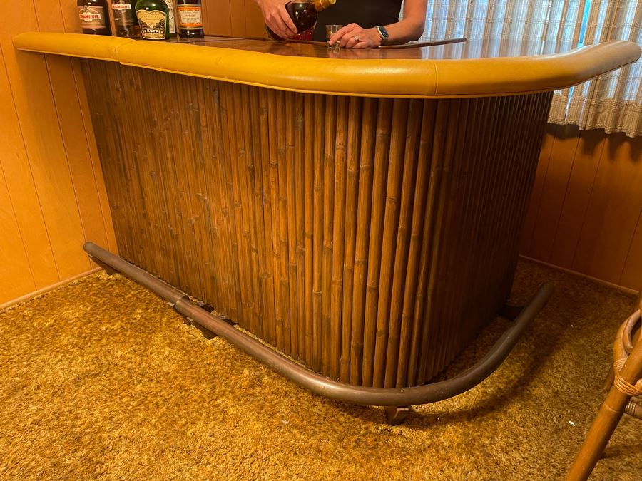 Mid-Century Modern Solid Wood And Bamboo 2 Piece L-Shape TIKI Bar With Padded Edge And Brass Rail Plus Six Bamboo Bar Stools Plus Drawer Of Vintage Bar Supplies 71W X 44D X 42H [Photo 5]