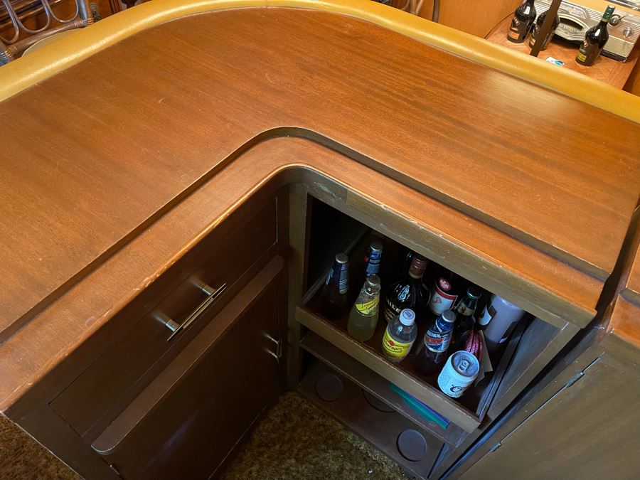 Mid-Century Modern Solid Wood And Bamboo 2 Piece L-Shape TIKI Bar With Padded Edge And Brass Rail Plus Six Bamboo Bar Stools Plus Drawer Of Vintage Bar Supplies 71W X 44D X 42H [Photo 20]