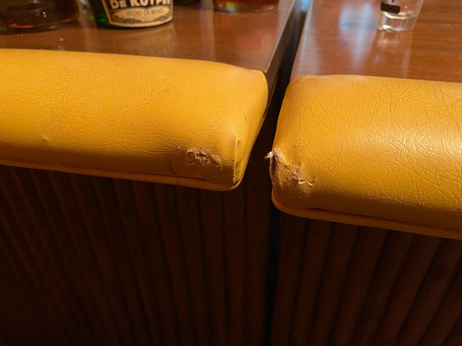 Mid-Century Modern Solid Wood And Bamboo 2 Piece L-Shape TIKI Bar With Padded Edge And Brass Rail Plus Six Bamboo Bar Stools Plus Drawer Of Vintage Bar Supplies 71W X 44D X 42H [Photo 14]