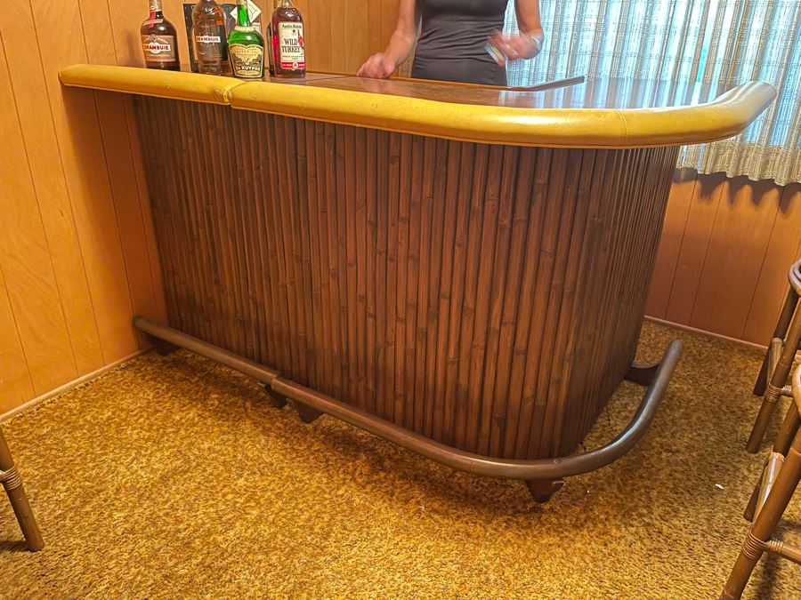 Mid-Century Modern Solid Wood And Bamboo 2 Piece L-Shape TIKI Bar With Padded Edge And Brass Rail Plus Six Bamboo Bar Stools Plus Drawer Of Vintage Bar Supplies 71W X 44D X 42H [Photo 12]