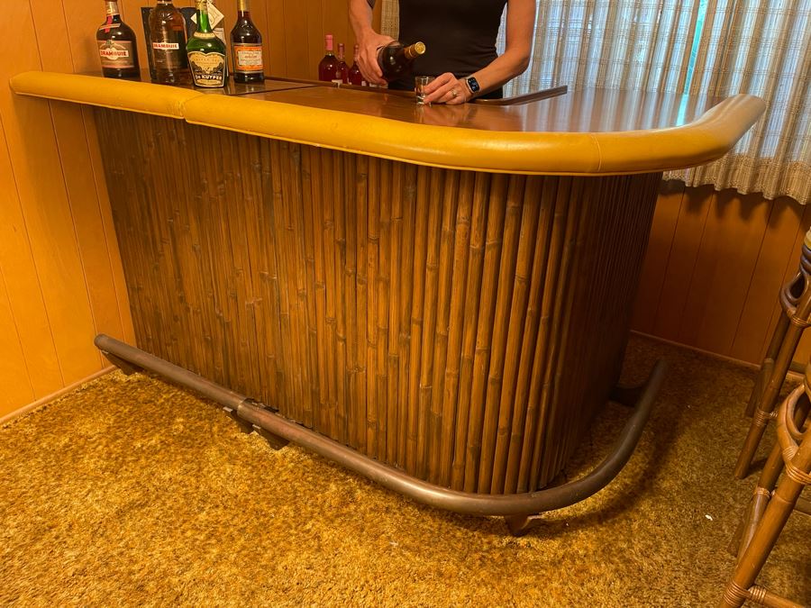 Mid-Century Modern Solid Wood And Bamboo 2 Piece L-Shape TIKI Bar With Padded Edge And Brass Rail Plus Six Bamboo Bar Stools Plus Drawer Of Vintage Bar Supplies 71W X 44D X 42H [Photo 4]
