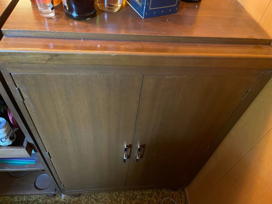 Mid-Century Modern Solid Wood And Bamboo 2 Piece L-Shape TIKI Bar With Padded Edge And Brass Rail Plus Six Bamboo Bar Stools Plus Drawer Of Vintage Bar Supplies 71W X 44D X 42H [Photo 18]