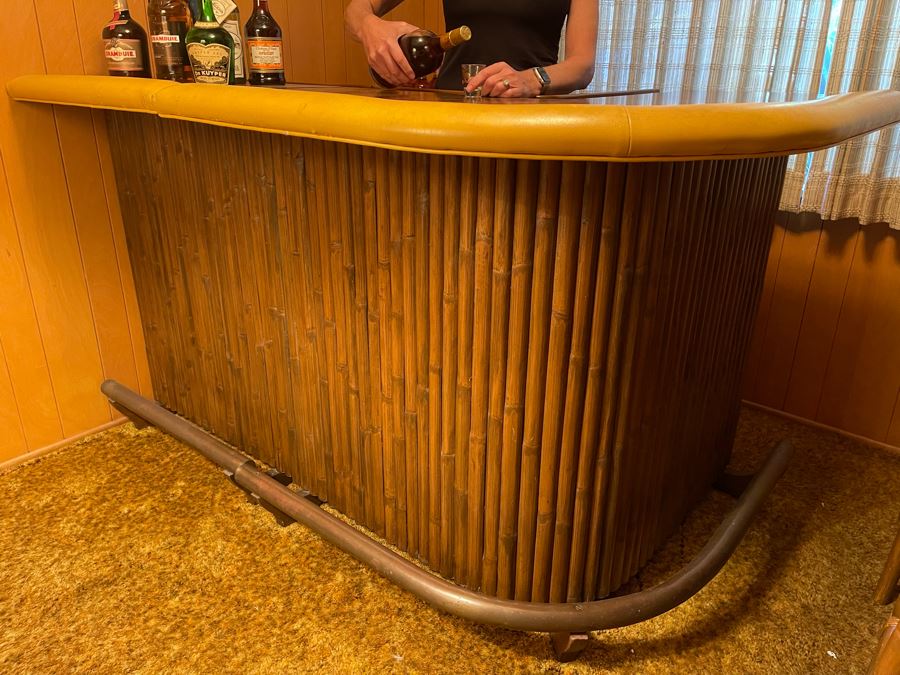 Mid-Century Modern Solid Wood And Bamboo 2 Piece L-Shape TIKI Bar With Padded Edge And Brass Rail Plus Six Bamboo Bar Stools Plus Drawer Of Vintage Bar Supplies 71W X 44D X 42H [Photo 6]