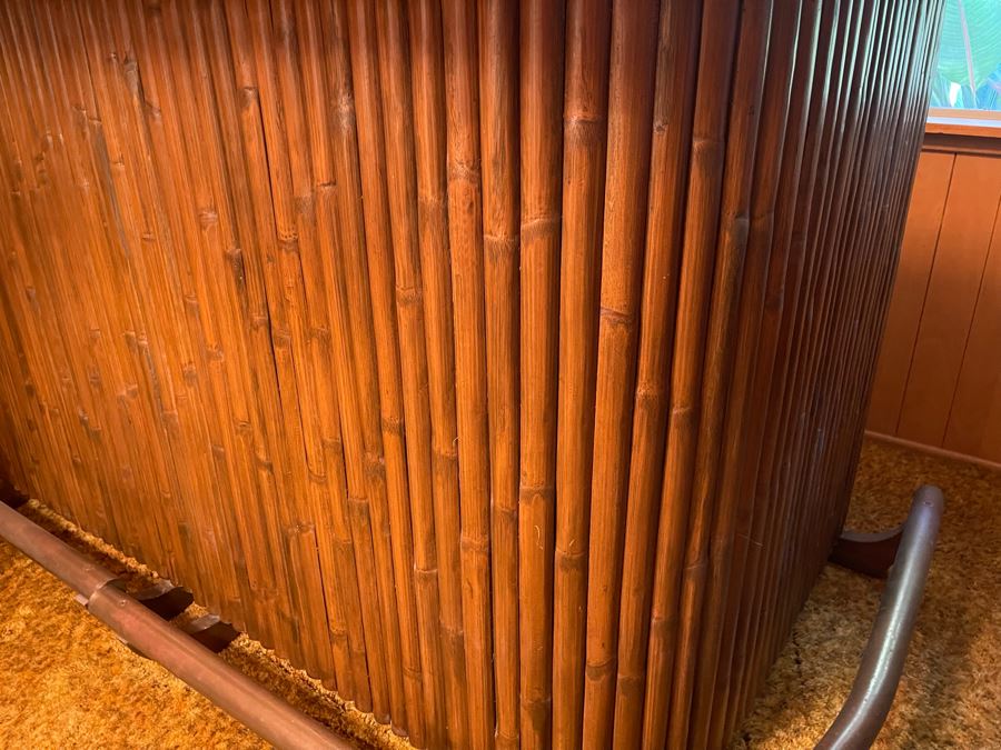 Mid-Century Modern Solid Wood And Bamboo 2 Piece L-Shape TIKI Bar With Padded Edge And Brass Rail Plus Six Bamboo Bar Stools Plus Drawer Of Vintage Bar Supplies 71W X 44D X 42H [Photo 30]