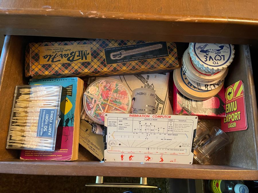 Mid-Century Modern Solid Wood And Bamboo 2 Piece L-Shape TIKI Bar With Padded Edge And Brass Rail Plus Six Bamboo Bar Stools Plus Drawer Of Vintage Bar Supplies 71W X 44D X 42H [Photo 22]