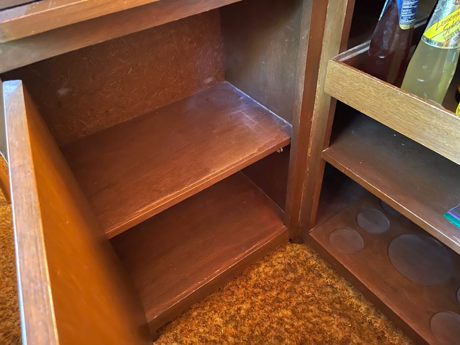 Mid-Century Modern Solid Wood And Bamboo 2 Piece L-Shape TIKI Bar With Padded Edge And Brass Rail Plus Six Bamboo Bar Stools Plus Drawer Of Vintage Bar Supplies 71W X 44D X 42H [Photo 24]