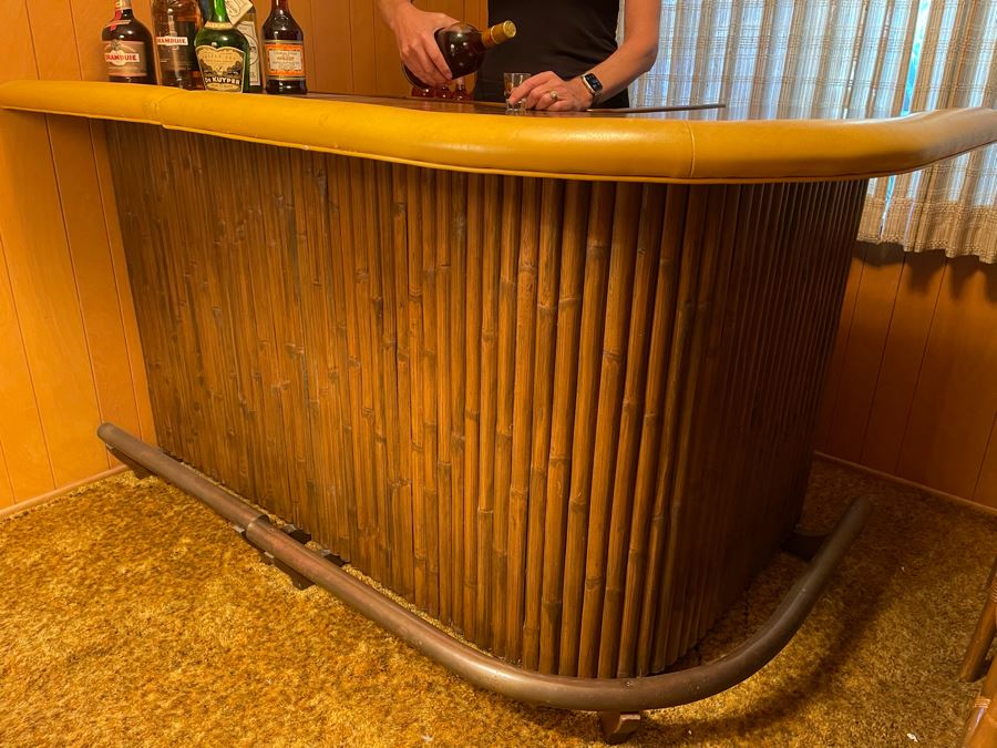 Mid-Century Modern Solid Wood And Bamboo 2 Piece L-Shape TIKI Bar With Padded Edge And Brass Rail Plus Six Bamboo Bar Stools Plus Drawer Of Vintage Bar Supplies 71W X 44D X 42H [Photo 7]