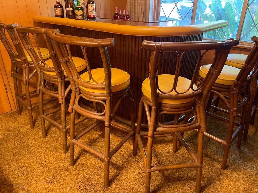 Mid-Century Modern Solid Wood And Bamboo 2 Piece L-Shape TIKI Bar With Padded Edge And Brass Rail Plus Six Bamboo Bar Stools Plus Drawer Of Vintage Bar Supplies 71W X 44D X 42H [Photo 34]