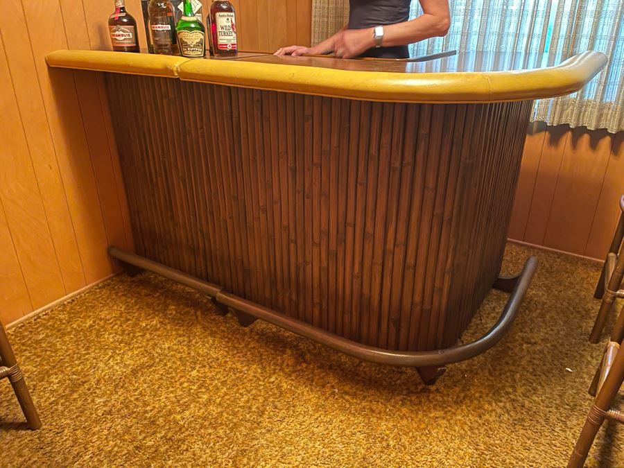 Mid-Century Modern Solid Wood And Bamboo 2 Piece L-Shape TIKI Bar With Padded Edge And Brass Rail Plus Six Bamboo Bar Stools Plus Drawer Of Vintage Bar Supplies 71W X 44D X 42H [Photo 11]