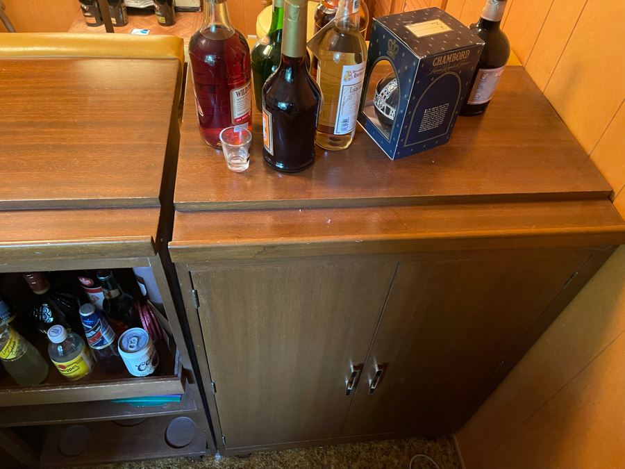 Mid-Century Modern Solid Wood And Bamboo 2 Piece L-Shape TIKI Bar With Padded Edge And Brass Rail Plus Six Bamboo Bar Stools Plus Drawer Of Vintage Bar Supplies 71W X 44D X 42H [Photo 21]