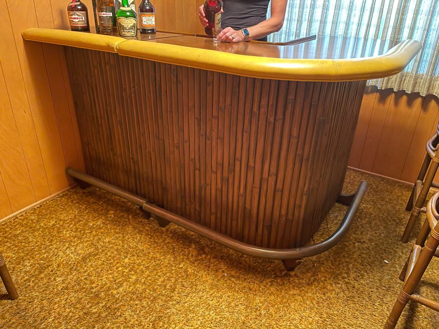 Mid-Century Modern Solid Wood And Bamboo 2 Piece L-Shape TIKI Bar With Padded Edge And Brass Rail Plus Six Bamboo Bar Stools Plus Drawer Of Vintage Bar Supplies 71W X 44D X 42H [Photo 13]