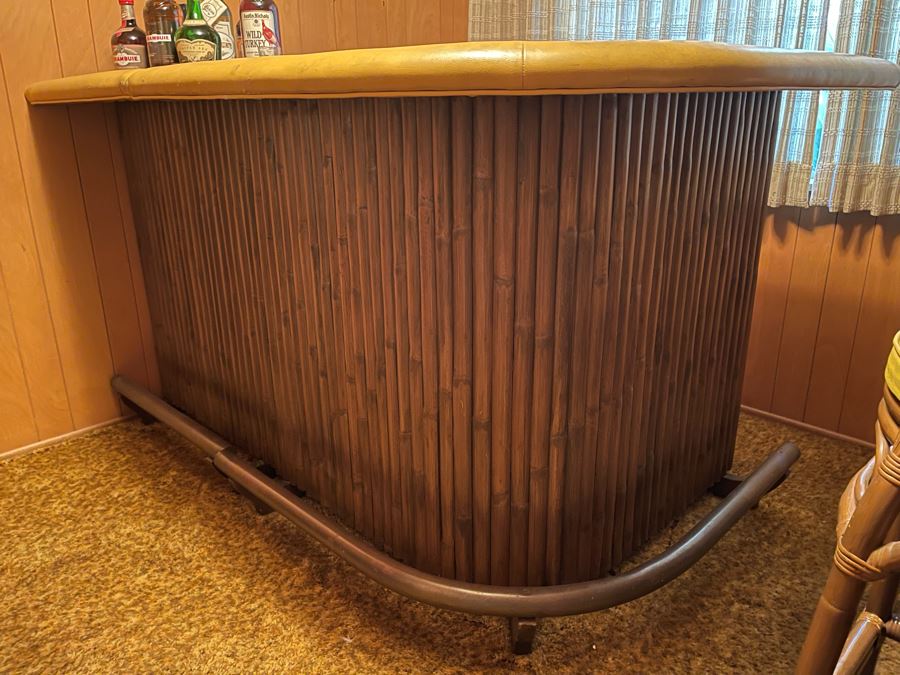 Mid-Century Modern Solid Wood And Bamboo 2 Piece L-Shape TIKI Bar With Padded Edge And Brass Rail Plus Six Bamboo Bar Stools Plus Drawer Of Vintage Bar Supplies 71W X 44D X 42H [Photo 15]