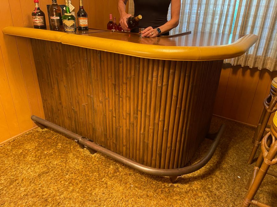 Mid-Century Modern Solid Wood And Bamboo 2 Piece L-Shape TIKI Bar With Padded Edge And Brass Rail Plus Six Bamboo Bar Stools Plus Drawer Of Vintage Bar Supplies 71W X 44D X 42H [Photo 17]