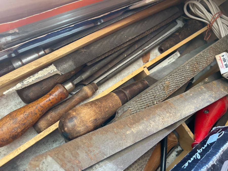 Huge Workbench Tool Lot Includes Multiple Toolboxes, Drawers With Tools, Hardware, Shop Vacuum, Wood Files, Vise, Workbench 101W X 33D X 66H - See All Photos  [Photo 44]