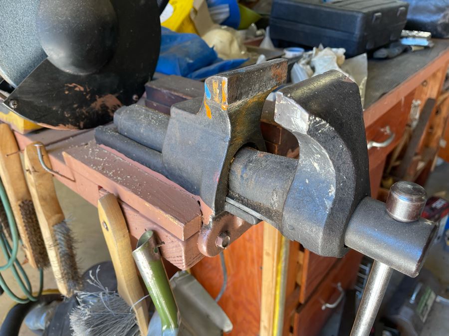 Huge Workbench Tool Lot Includes Multiple Toolboxes, Drawers With Tools, Hardware, Shop Vacuum, Wood Files, Vise, Workbench 101W X 33D X 66H - See All Photos  [Photo 4]