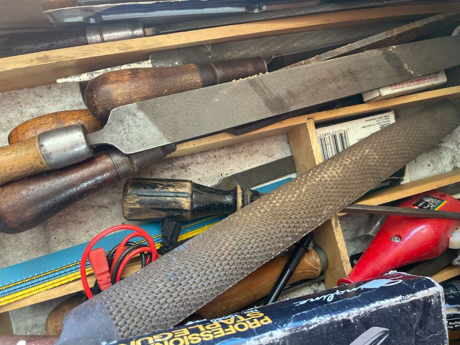 Huge Workbench Tool Lot Includes Multiple Toolboxes, Drawers With Tools, Hardware, Shop Vacuum, Wood Files, Vise, Workbench 101W X 33D X 66H - See All Photos  [Photo 43]