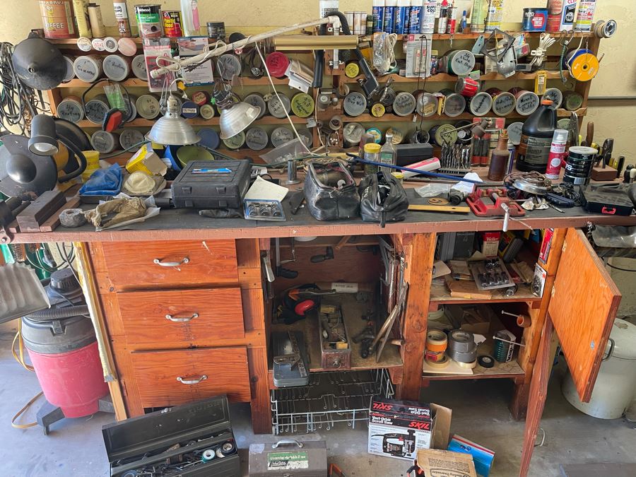 Huge Workbench Tool Lot Includes Multiple Toolboxes, Drawers With Tools, Hardware, Shop Vacuum, Wood Files, Vise, Workbench 101W X 33D X 66H - See All Photos  [Photo 3]