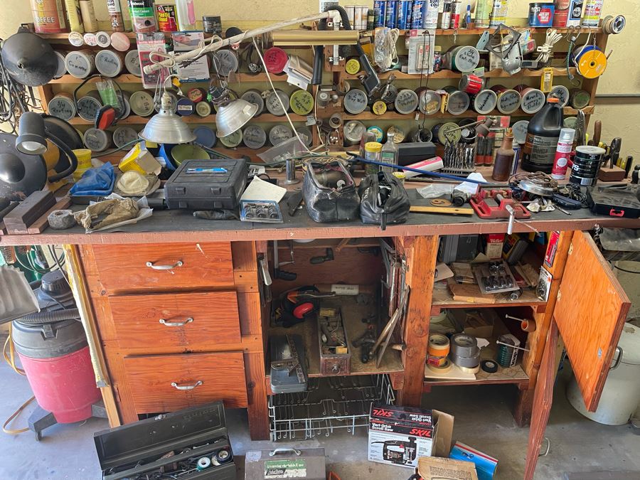 Huge Workbench Tool Lot Includes Multiple Toolboxes, Drawers With Tools ...