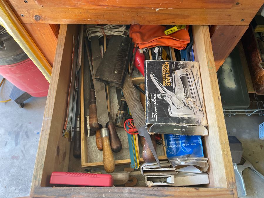 Huge Workbench Tool Lot Includes Multiple Toolboxes, Drawers With Tools, Hardware, Shop Vacuum, Wood Files, Vise, Workbench 101W X 33D X 66H - See All Photos  [Photo 41]
