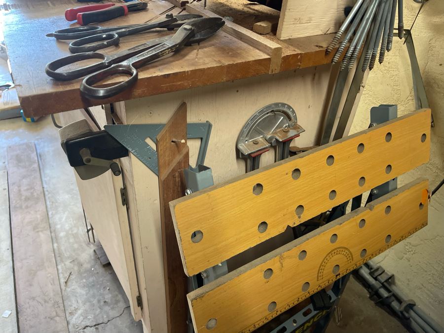 Pair Of Workbenches With DeWalt Circular Saw, Drill Press, Pipe Wrenches, Saw Blades, Tools, Portable Work Benches (Bench 1: 33W X 30D X 66H / Bench 2: 48W X 25D X 42H) - See Photos [Photo 19]