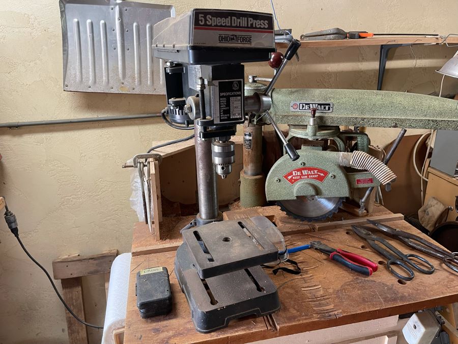 Pair Of Workbenches With DeWalt Circular Saw, Drill Press, Pipe Wrenches, Saw Blades, Tools, Portable Work Benches (Bench 1: 33W X 30D X 66H / Bench 2: 48W X 25D X 42H) - See Photos [Photo 7]