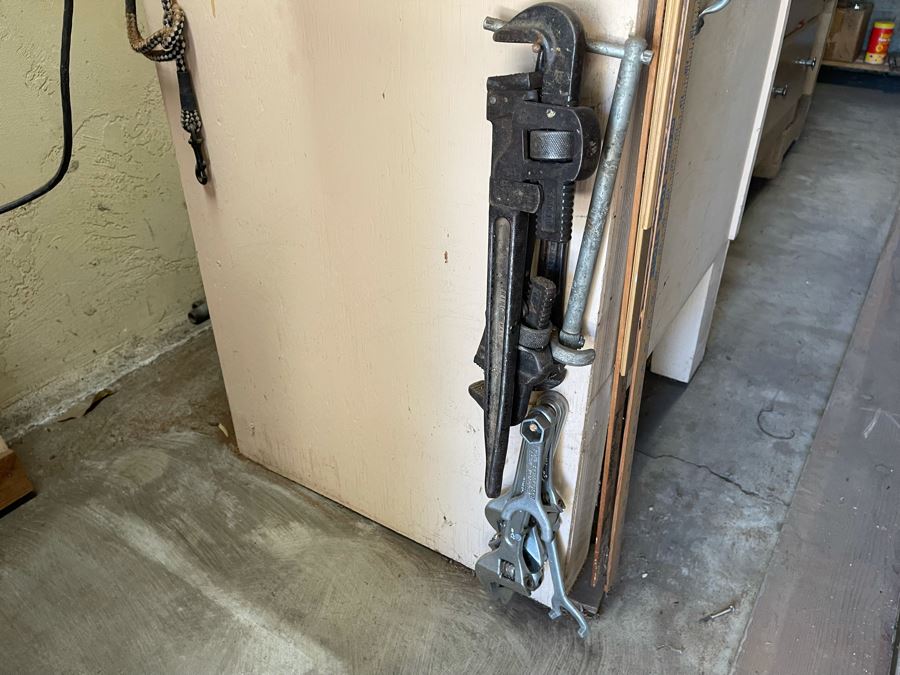 Pair Of Workbenches With DeWalt Circular Saw, Drill Press, Pipe Wrenches, Saw Blades, Tools, Portable Work Benches (Bench 1: 33W X 30D X 66H / Bench 2: 48W X 25D X 42H) - See Photos [Photo 10]