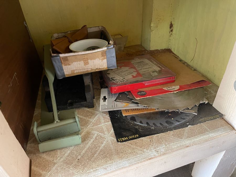 Pair Of Workbenches With DeWalt Circular Saw, Drill Press, Pipe Wrenches, Saw Blades, Tools, Portable Work Benches (Bench 1: 33W X 30D X 66H / Bench 2: 48W X 25D X 42H) - See Photos [Photo 12]