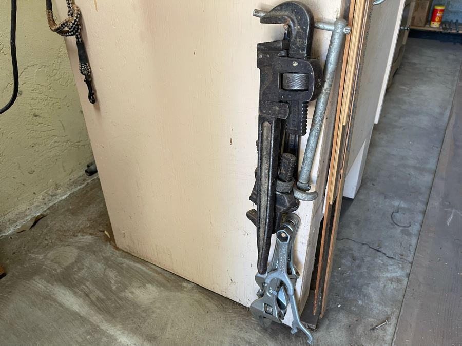 Pair Of Workbenches With DeWalt Circular Saw, Drill Press, Pipe Wrenches, Saw Blades, Tools, Portable Work Benches (Bench 1: 33W X 30D X 66H / Bench 2: 48W X 25D X 42H) - See Photos [Photo 9]